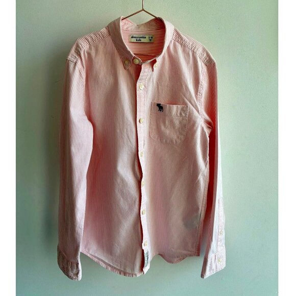 🆕 abercrombie kids Pink & White Striped Long-Sleeve Button Down Shirt - Picture 1 of 8